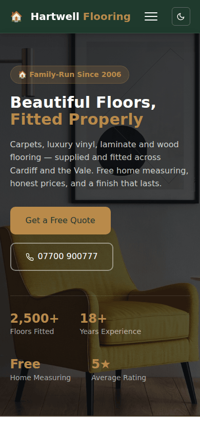Mobile view of the Carpets & Flooring example site's photo hero, built by BedRock Tools
