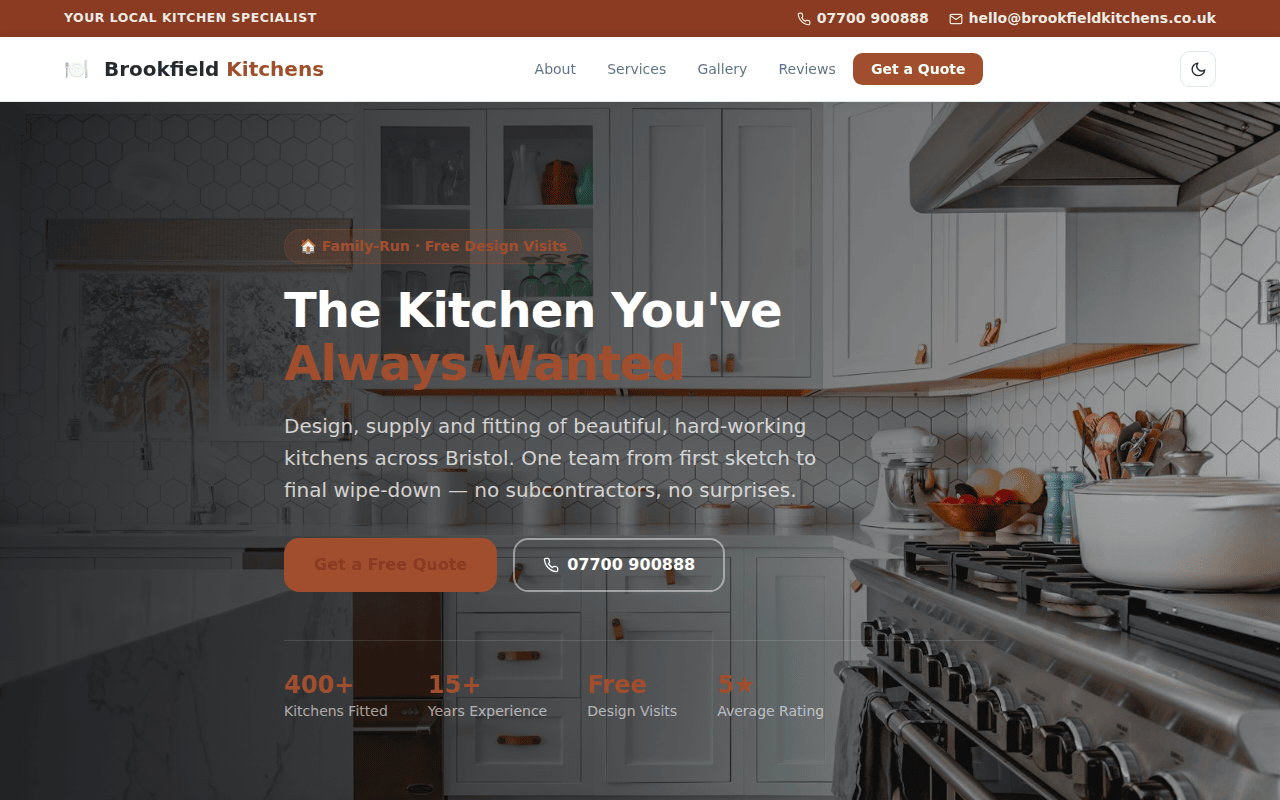 Kitchen fitting example site with a top contact bar, white header and full-photo hero